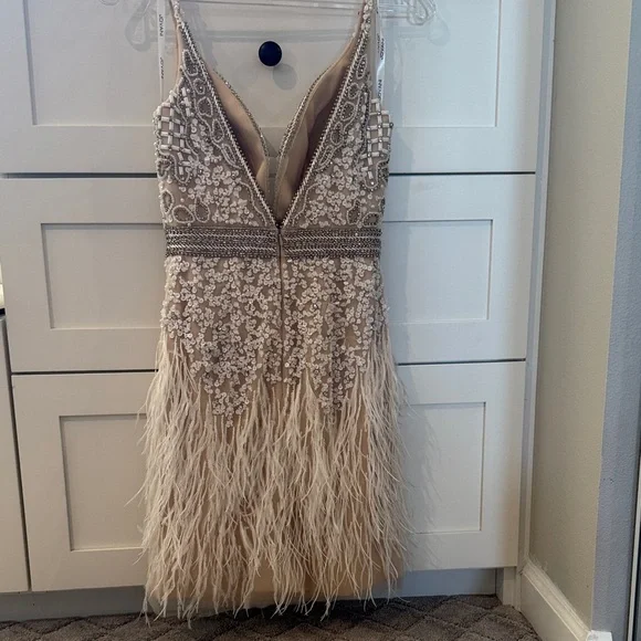 Jovani Cream Beaded Feather Mini Dress - Picture 5 of 9